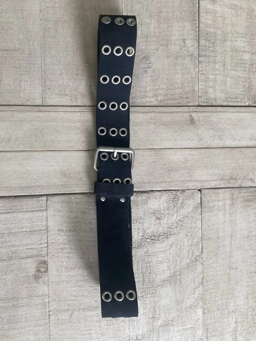 Vintage Style Black Triple Grommet Wide Belt - Silver Hardware Eyelet Punk Grung